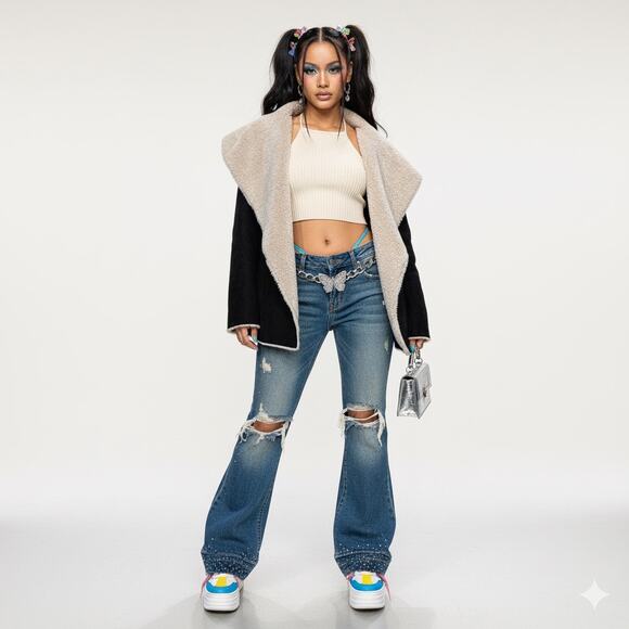 Euro Y2K Sherpa Lined Waterfall Jacket Black Beige Cozy Winter Softcore 40/M - Picture 1 of 9